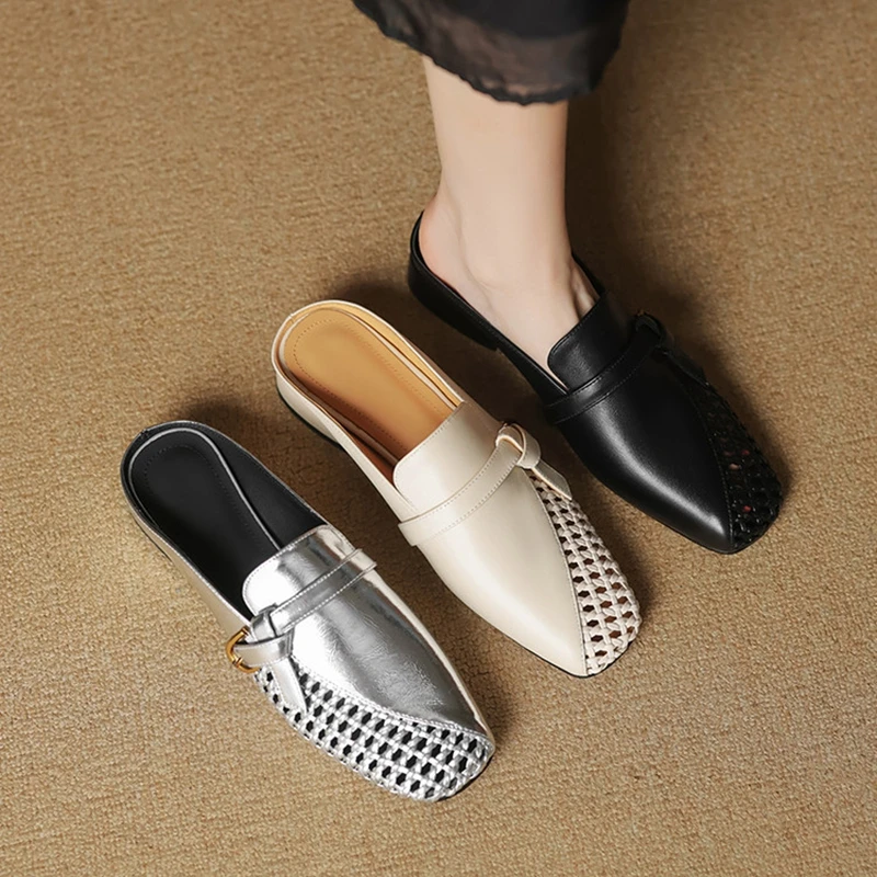 

НОВЫЕ летние женские туфли-лодочки из натуральной кожи для женщин, туфли на массивном каблуке с квадратным носком, сандалии с открытой пяткой, плетеные тапочки