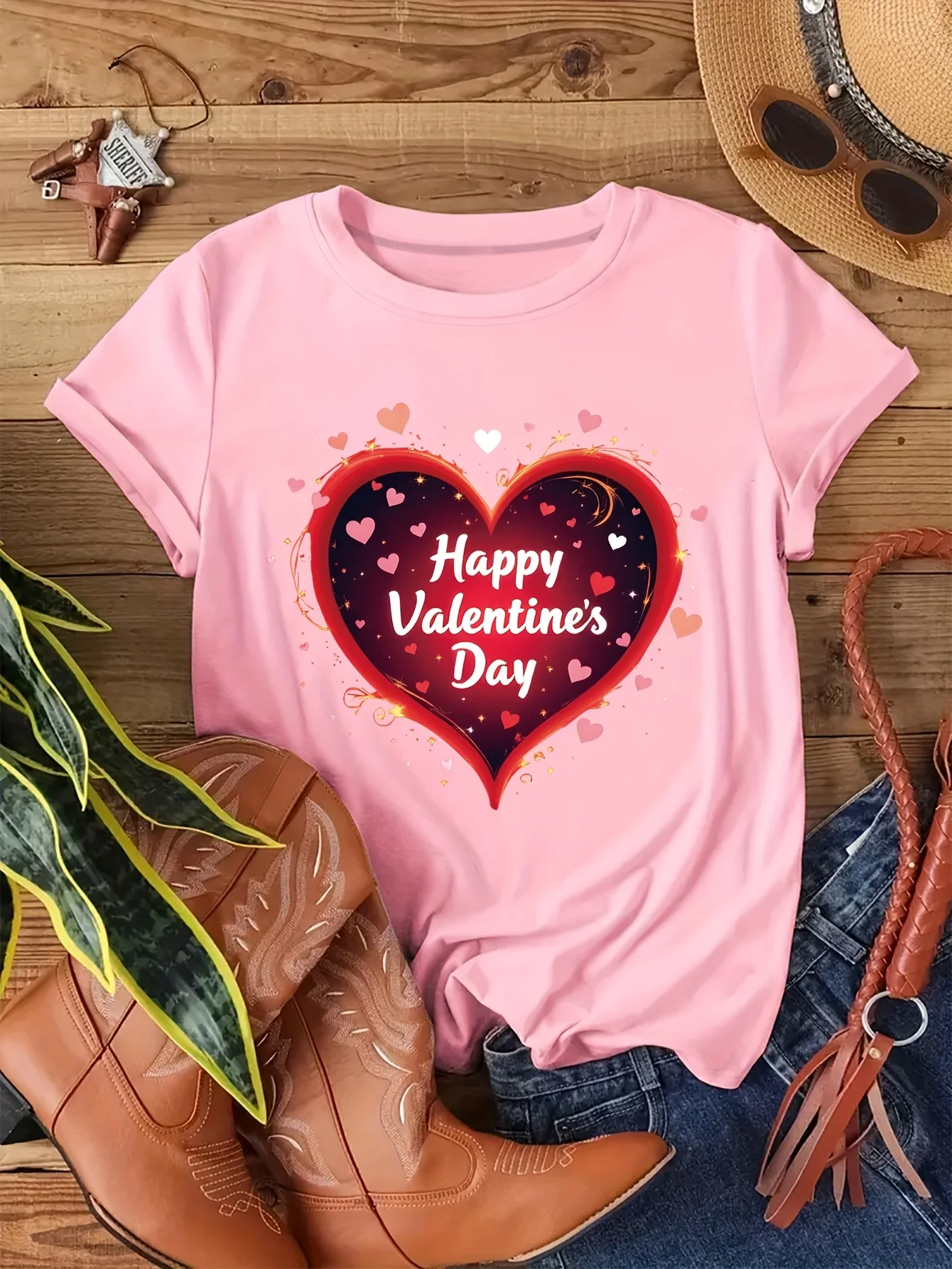 Women's Short Sleeve T-Shirt Valentine's Day Graphic Print with Heart Sparkling Stars 