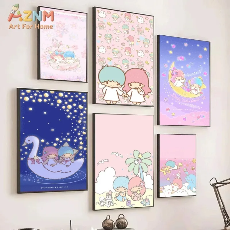 Sanrio Little Twin Stars Floral Umbrella Swan Moon Canvas Wall Art Unframed Canvas Poster Print for Girls Bedroom Home Decor Gif