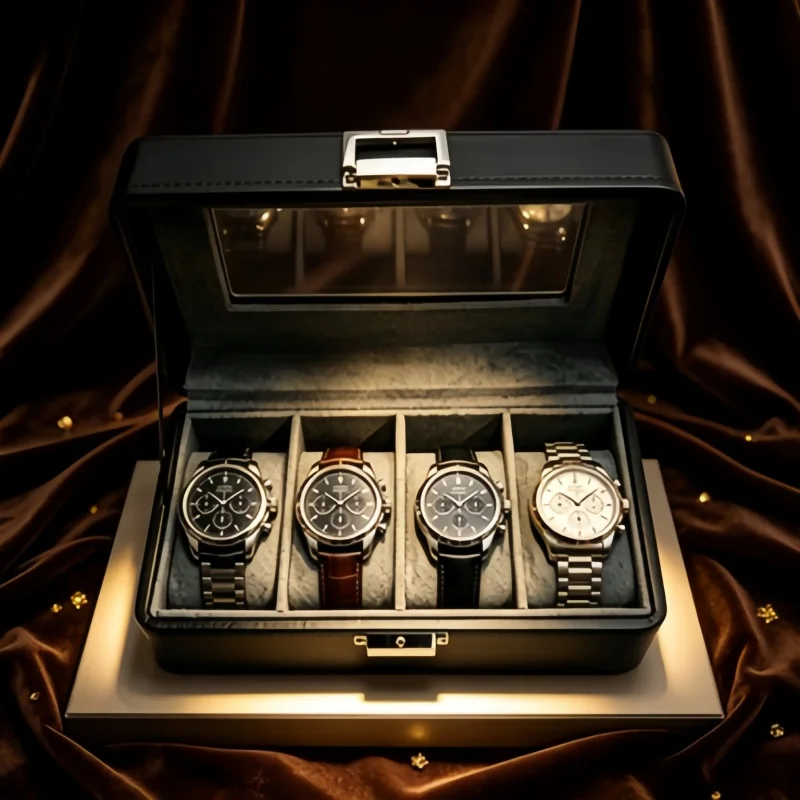 Travel Portable 4 Slot Watch Box for Men, Lockable Leather Watch Organizer + Spring Storage Bag for Business Trip Vacation