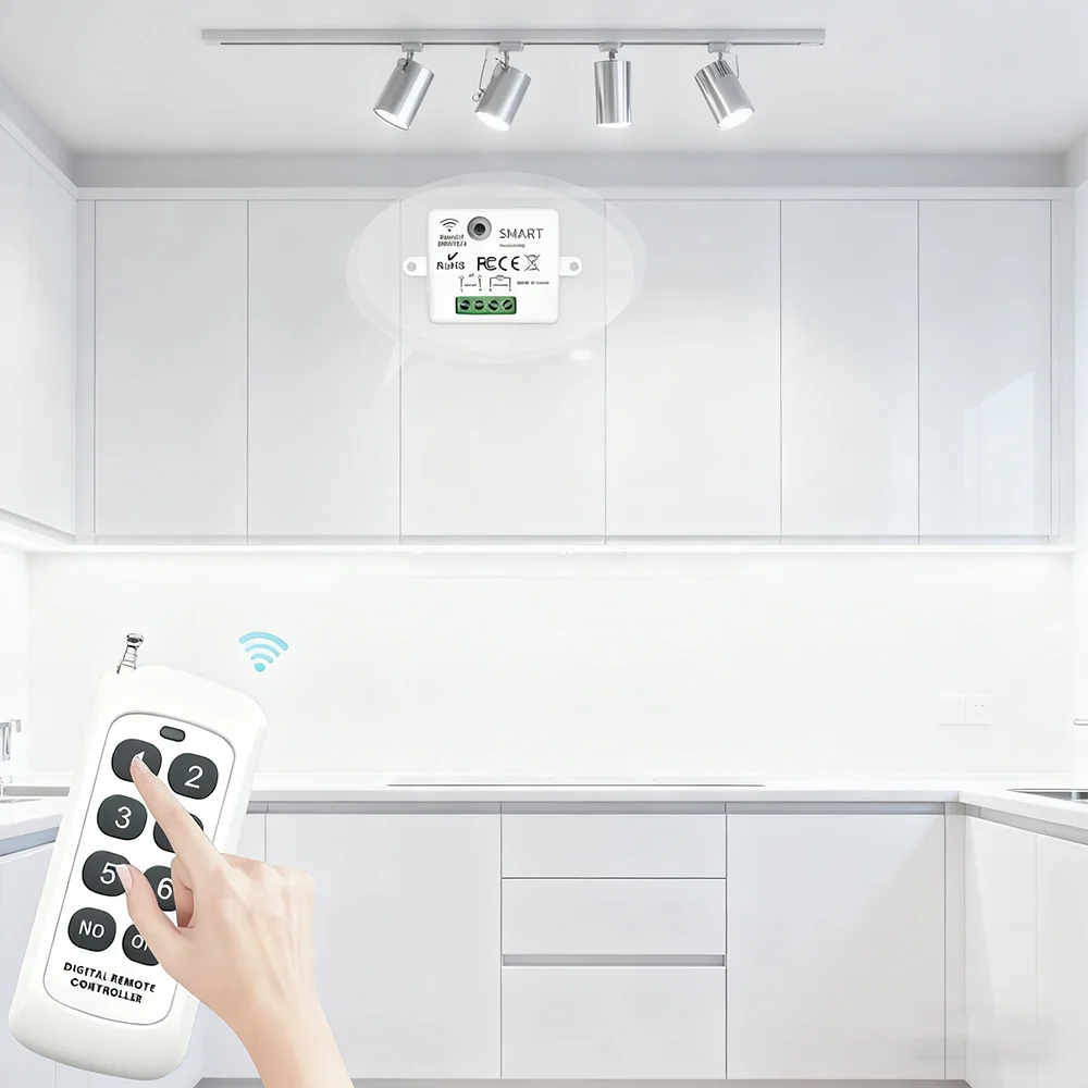 สวิตช์รีโมทไร้สายอเนกประสงค์สำหรับบ้านอัจฉริยะ 433Mhz 110V 220V 10A รีเลย์ขนาดเล็ก รีโมทคอนโทรลสำหรับไฟ LED ในบ้าน