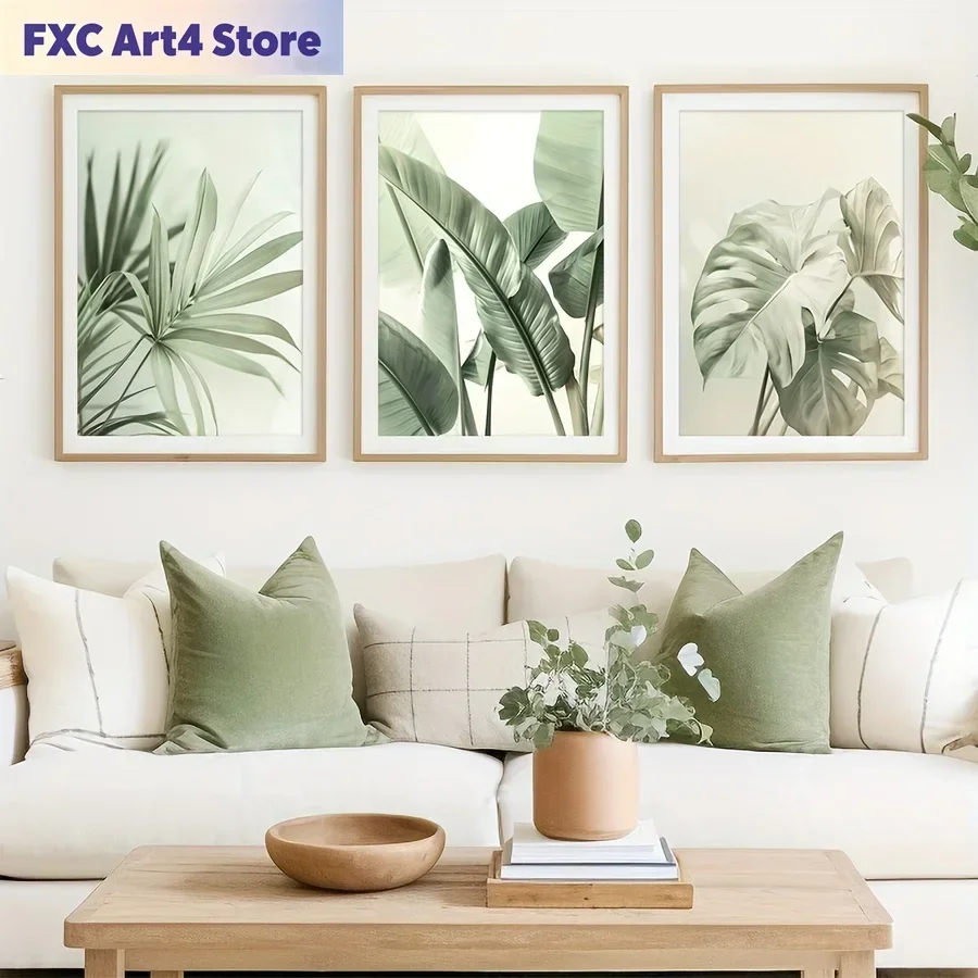 Cuadro Plano 2D sin Marco, Juego de 3 Piezas de Arte Decorativo de Pared con Plantas Tropicales, Decoración de Pared con Hojas de Palma en Verde Salvia, Cuadro Plano 2D sin Marco