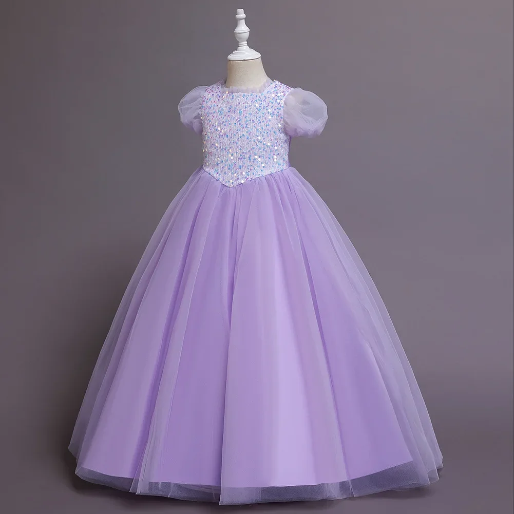 Elegant Sequins Girls Wedding Party Dresses Rainbow Tulle Puff Sleeves Princess Kids Child Evening Prom Clothes 10 12 14 Years