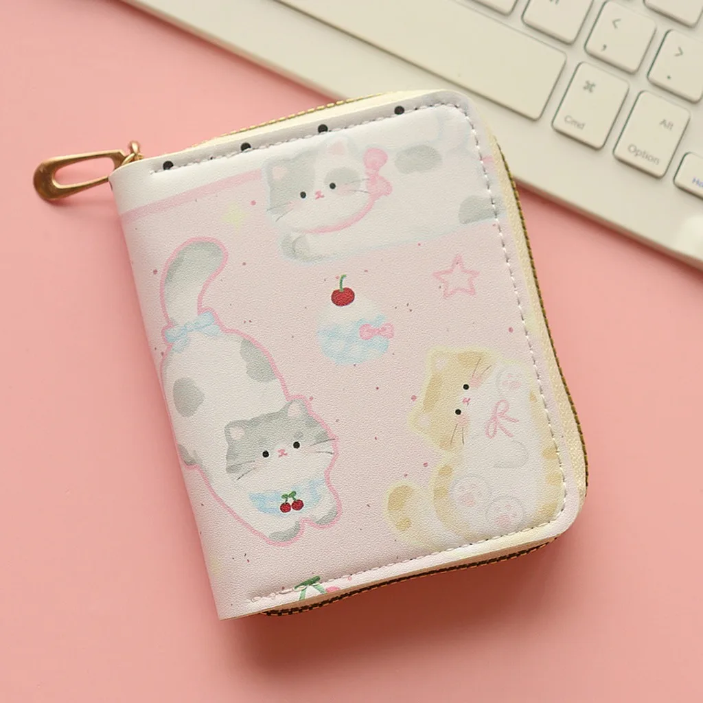 Cute Cartoon Dog Cat Bear Zipper Short Wallet for Students Girls Youth Synthetic Leather Printed Design Vertical PU Wallet