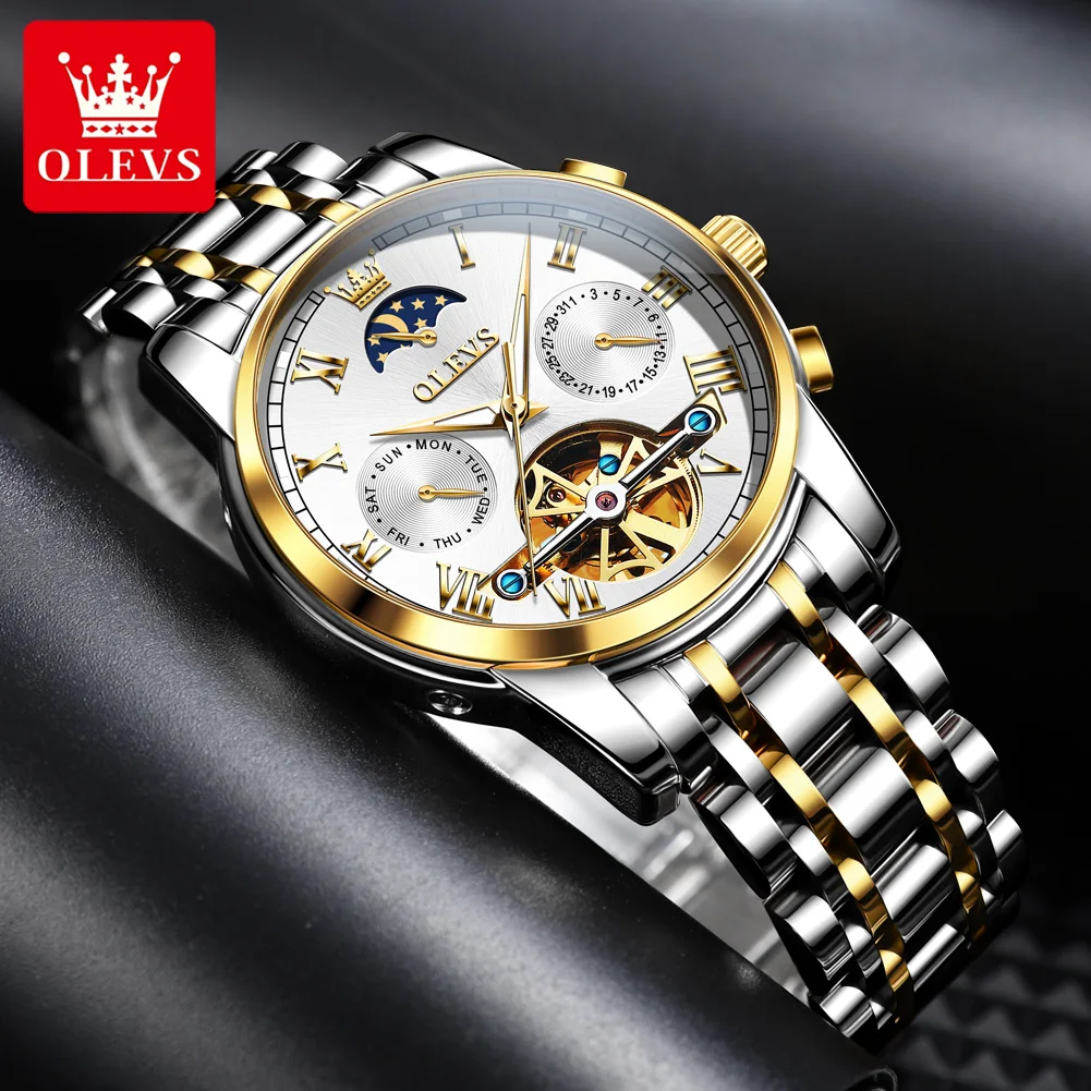 

OLEVS 6617 Men Automatic Mechanical Watch Moon Phase Week Calendar Luminous Business Stainless Steel Waterproof male Wristwatch