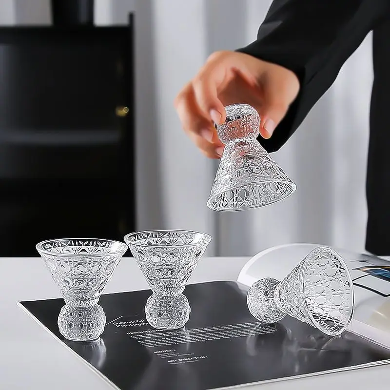 5pc Gemstone Patterned Glass Wine Glass,Triangular High-end Creative Crystal Cocktail Glass,Party Specific Embossed Mini Cup