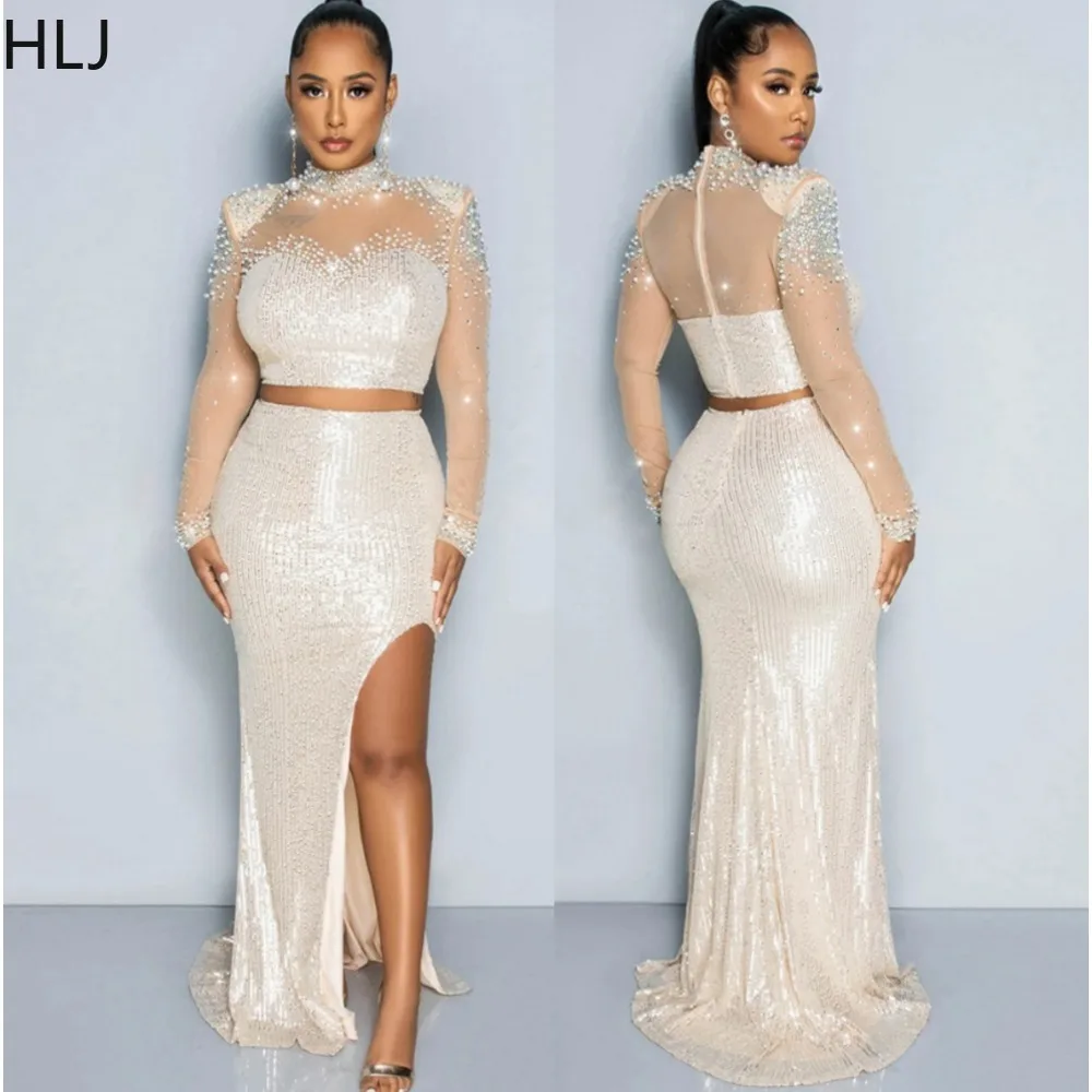 HLJ Fashion Mesh Pearls Sequin Slit Skirt Two Piece Sets Women Round Neck Long Sleeve Crop Top+Skirts Outfits Lady Club Clothing