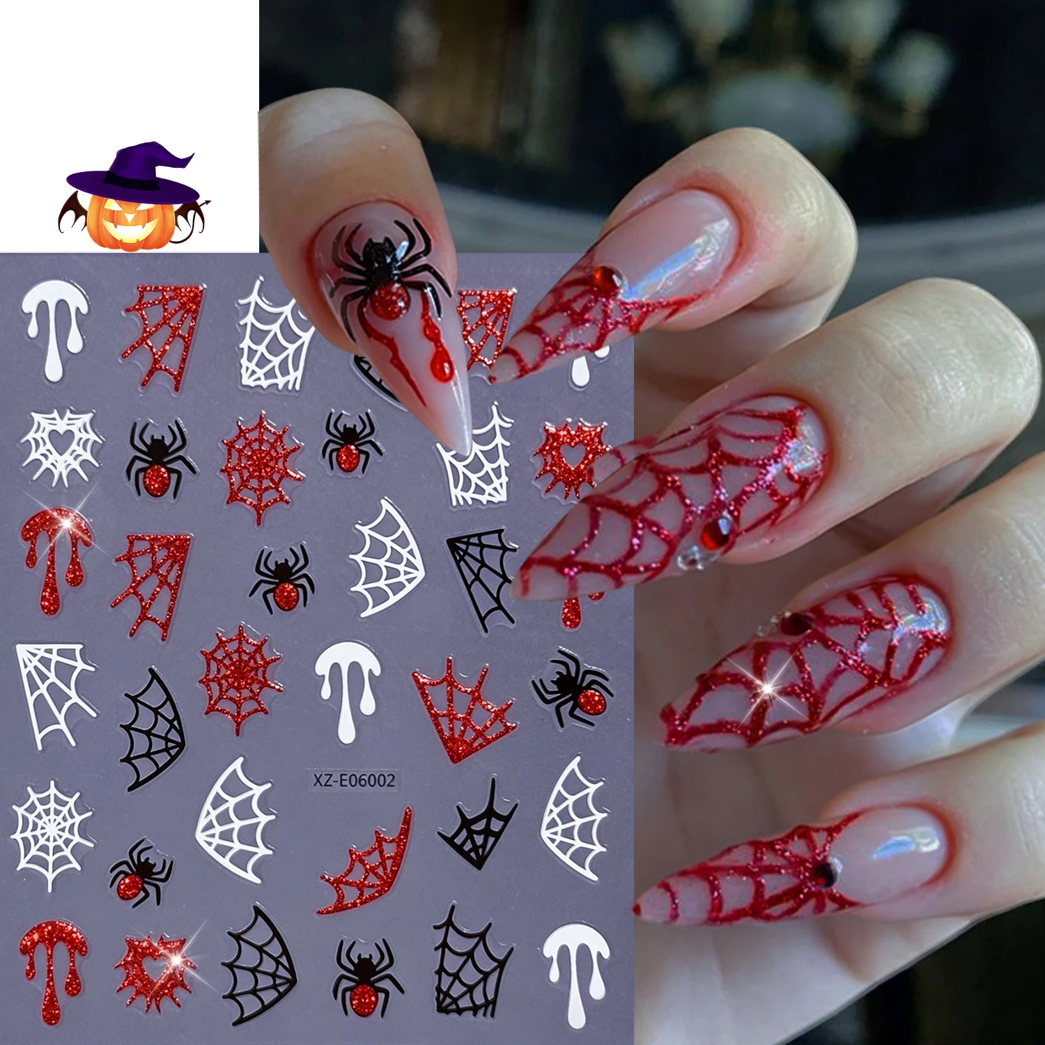 Halloween 12Pcs Red Black Glitter Laser Nail Stickers Ghost Spider Web Devil Heart Gothic Punk Self‑Adhesive DIY Nail Art Slider
