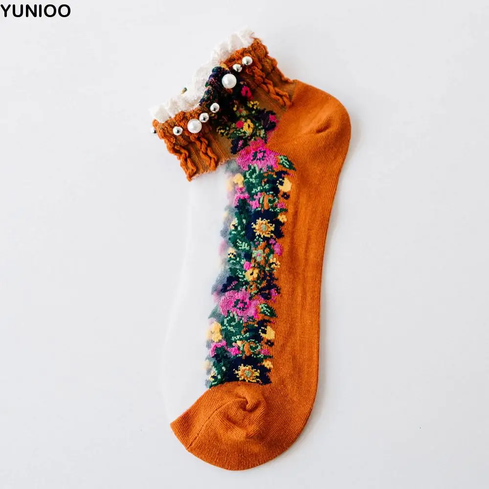 

Breathable Cute Spring Mesh Women Summer Hosiery Embroidery Flowers Socks Short Socks Boat Socks