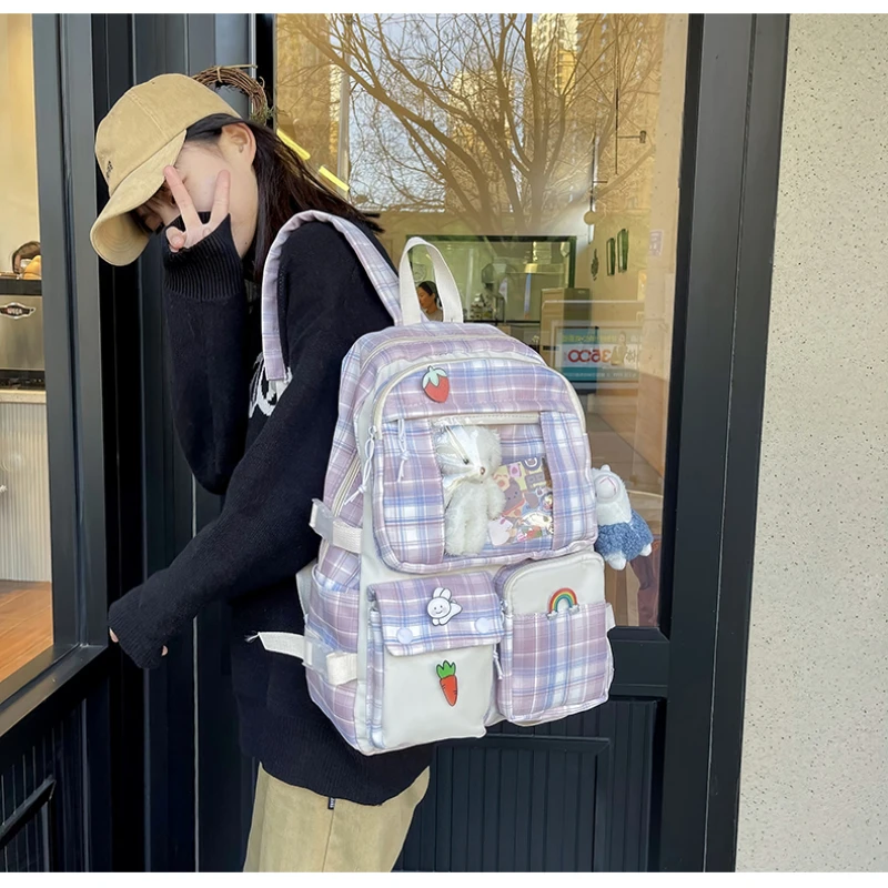 2022 Cute Grid Backpack Women Waterproof Candy Colors High School Bags for Teenage Girl Student Backpacks Fancy Travel Rucksack