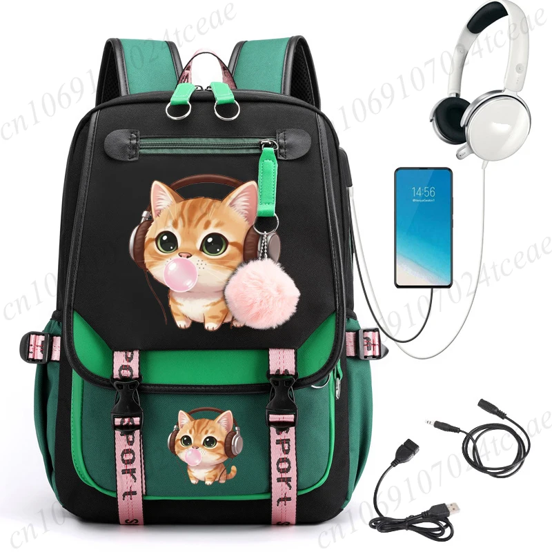 Student School Backpack Bag, Cute Cat Listening To Music with Headphones Anime Book Bag,Shoulder Rucksack, Casual Daily Daypack