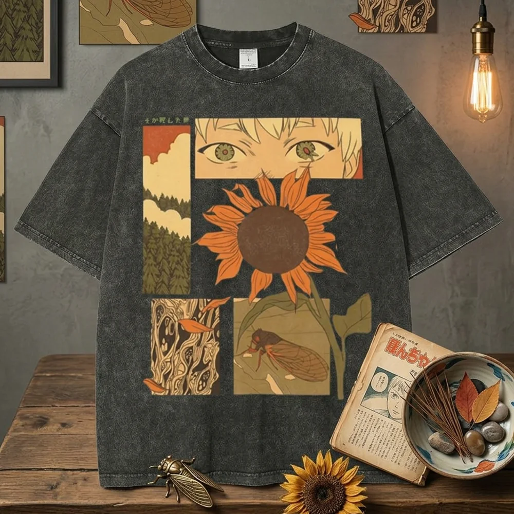 Women Y2K Vintage Aesthetic Sunflower Graphic T-Shirt Japanese Streetwear Dark Gothic Cicada Print Oversized Cotton Tee Tops