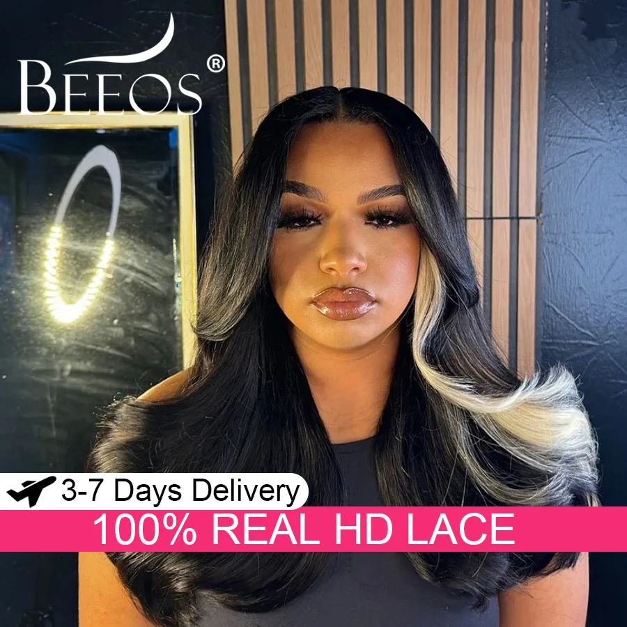 

Glueless 2x6 HD Lace Closure Wigs 613 Blonde Highlight Layered Cut Highlight Wig Human Hair HD Lace Wigs Blonde Wigs For Women