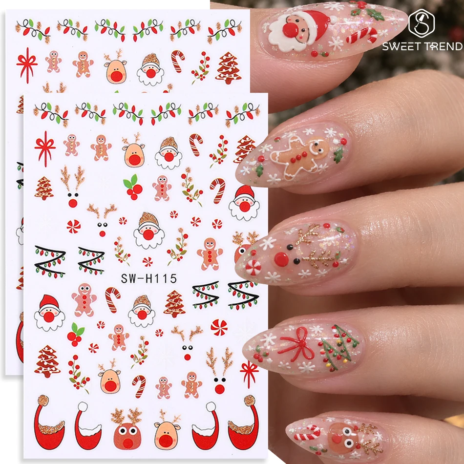 2pcs Christmas Light Nail Sticker Cute Santa Claus Reindeer Candy Cane Xmas Tree Hat Holly Nail Art Decals Winter Manicure Decor