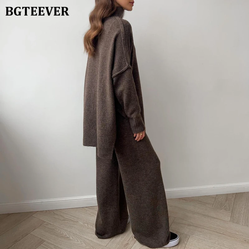 BGTEEVER Stylish Loose Women Knitted Trousers Set Long Sleeve Split Turtleneck Sweaters Female Floor-Length Straight Pants