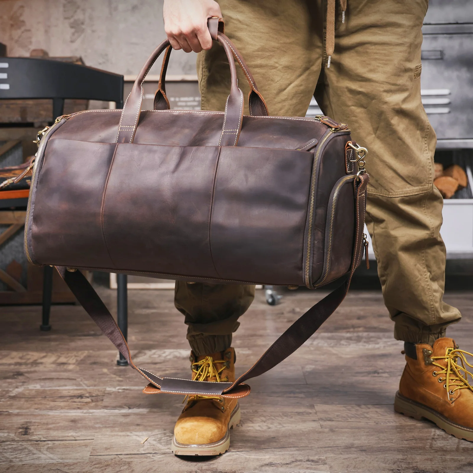 S.WORKER Echtleder-Reisetasche für Herren, große Kapazität, Vintage-Rindsleder-Reisetasche, Weekender-Sporttasche im Retro-Stil – Detail 6