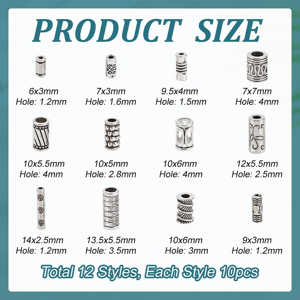 1 صندوق 120 قطعة 12 أنماط نمط سبائك أنبوب الخرز العمود 6 ~ 14x2.5 ~ 7 مللي متر ثقب: 1.2 ~ 4 مللي متر 10 قطعة/نمط #2