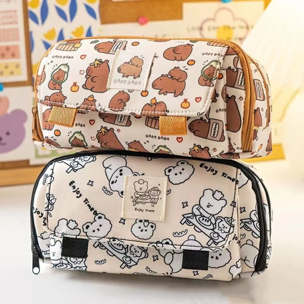 Storage Bag Kawaii Capybara Pencil Bag Aesthetic Multi-layer Pencil Case Cute Creative Stationery Bag Student