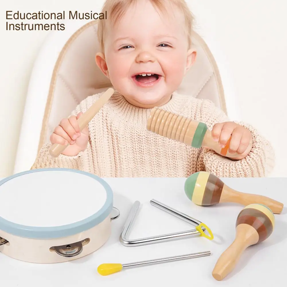 6Pcs/Set Kids Musical Instrument Kit Wooden Xylophone Maracas Clarinet Tambourine Triangle Sounder Educational Percussion Toy