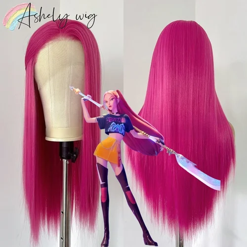 Imagen 1 del producto Peluca con malla Frontal rosa fuerte, peluca de Cosplay Mira, peluca de pelo largo y liso de 26 pulgadas, peluca Frontal de encaje 13*4, Cosplay de Anime, fibras de alta calidad