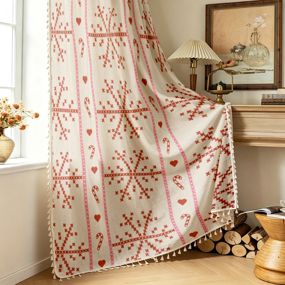 1PC Christmas Tassel Sheer Curtains, Fair Isle Knit Snowflake Candy, Digital Print, Polyester, Bedroom Living Room Home Decor