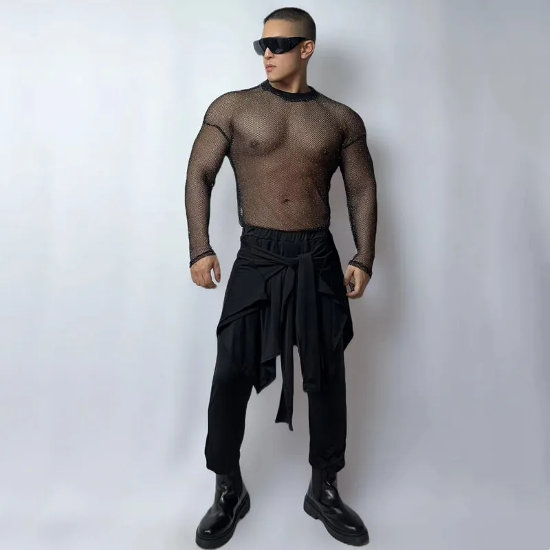 일본 스타일 바 나이트 클럽 댄스 의상 남성 DJ 가수 공연 무대 착용 블랙 탄성 스키니 탑 하렘 바지 세트