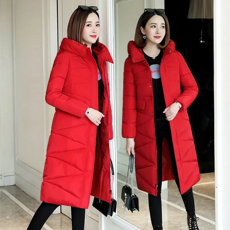 Parkas de moda 3XL para mujer, abrigo cálido con capucha de invierno, chaqueta básica acolchada de algodón ajustada, prendas de vestir largas