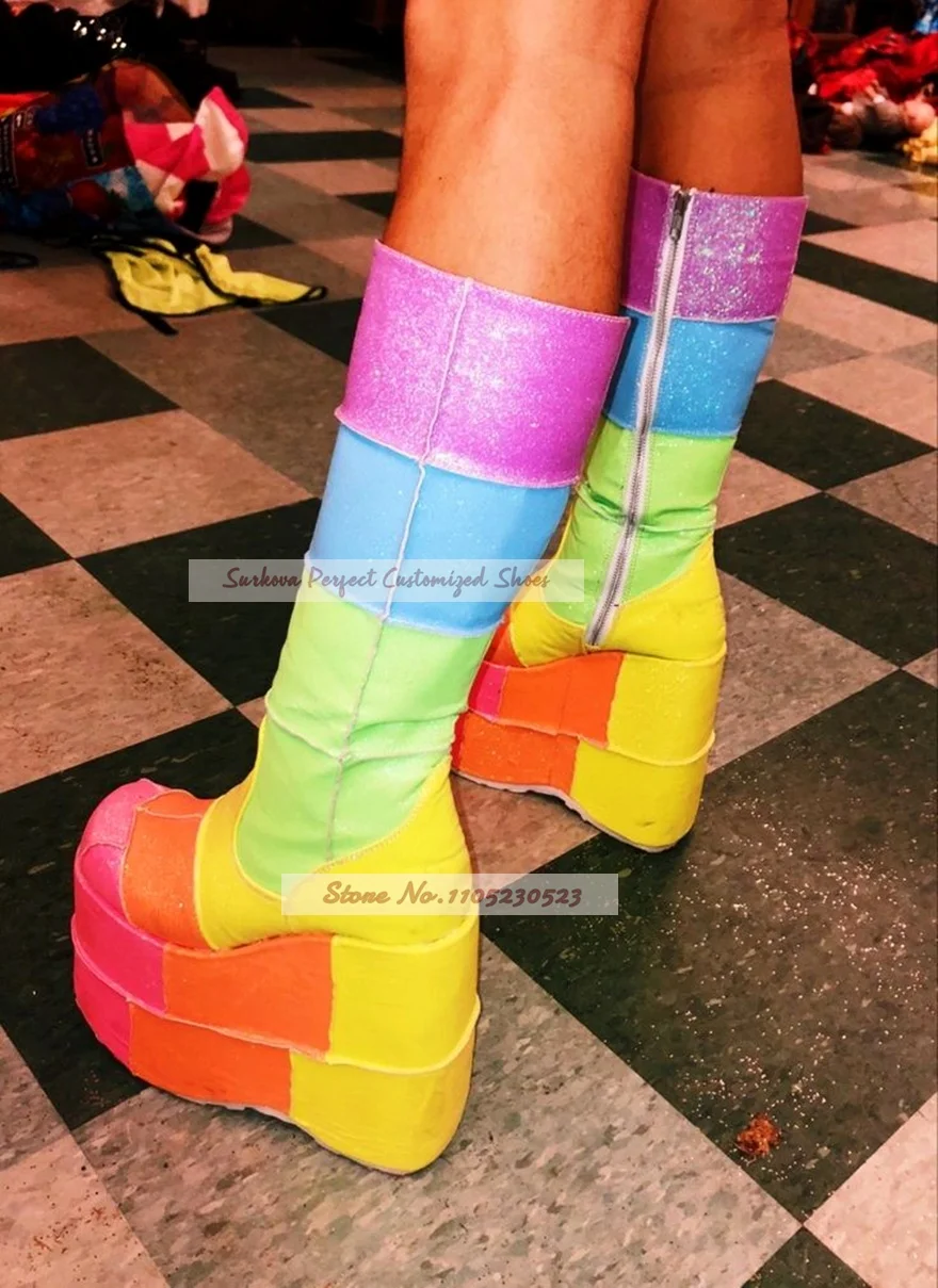 Rainbow Patchwork Glitter Platform Knee High Boots Multicolor Chunky Wedge Heel Side Zipper Rave Festival Cosplay Boots