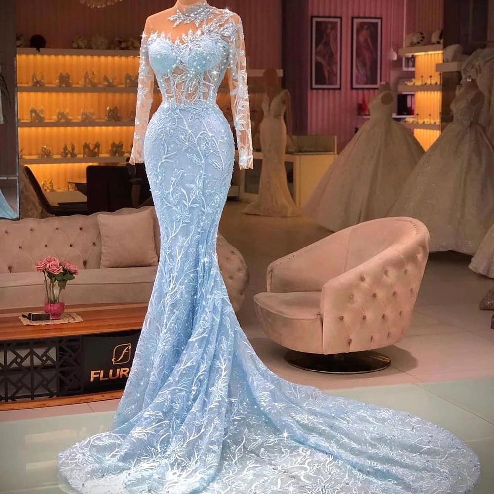 Latest Blue Evening Dresses For Women 2024 Elegant Long Sleeve Embroidery Lace Mermaid Prom Party Gowns Vestido De Fiesta