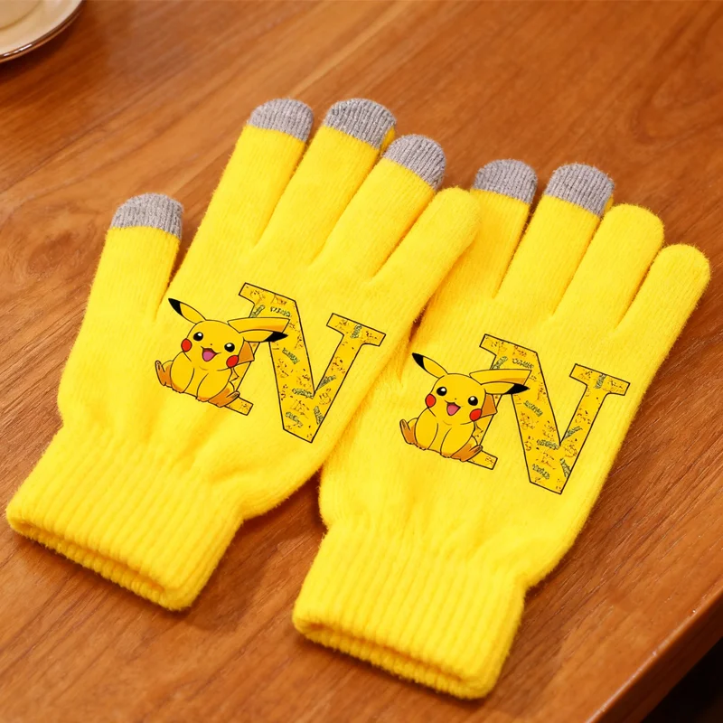 Покемоны-Пикачу-уличные-велосипедные-вязаные-перчатки-пять-аниме-девушка-экранные-перчатки-a-z-буквы-зимние-теплые-перчатки-на-палец-сенсорные