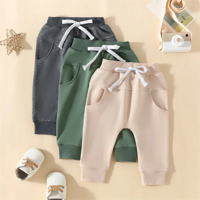 Newborn Baby Boy Pants 3-Pack Toddler Joggers Solid Color Soft Boys Bottoms Sweatpants with Drawstring