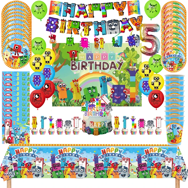 Number Building Blocked Birthday Party Decoration Balloon Backdrop Tableware Cake Topper Party Supplies Baby Shower