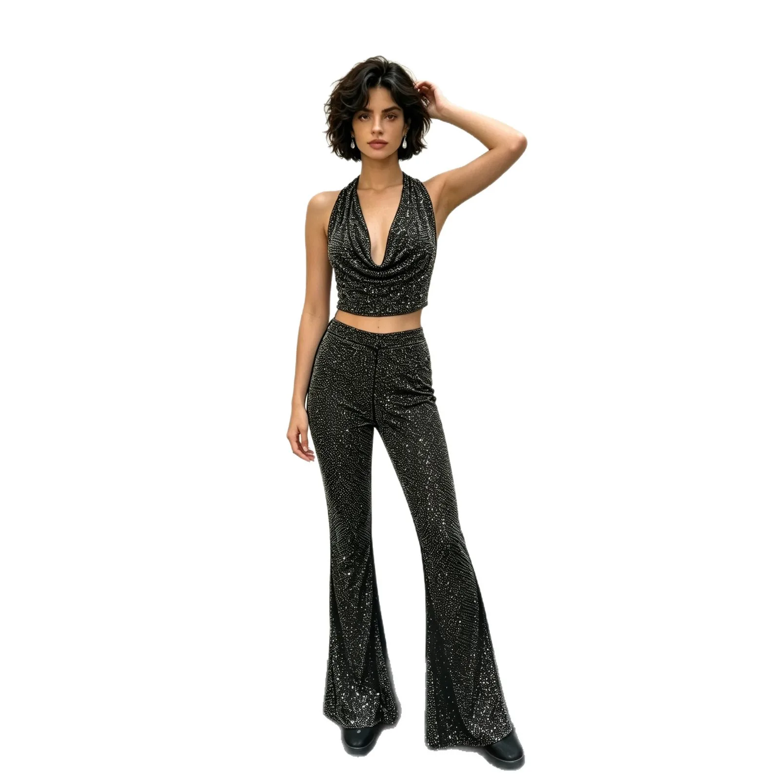 Elegant Sexy Sheer Mesh Rhinestone Matching Sets Halter Backless Crop Top Flared Pants Two Piece Outfits Birthday Party Clubwear