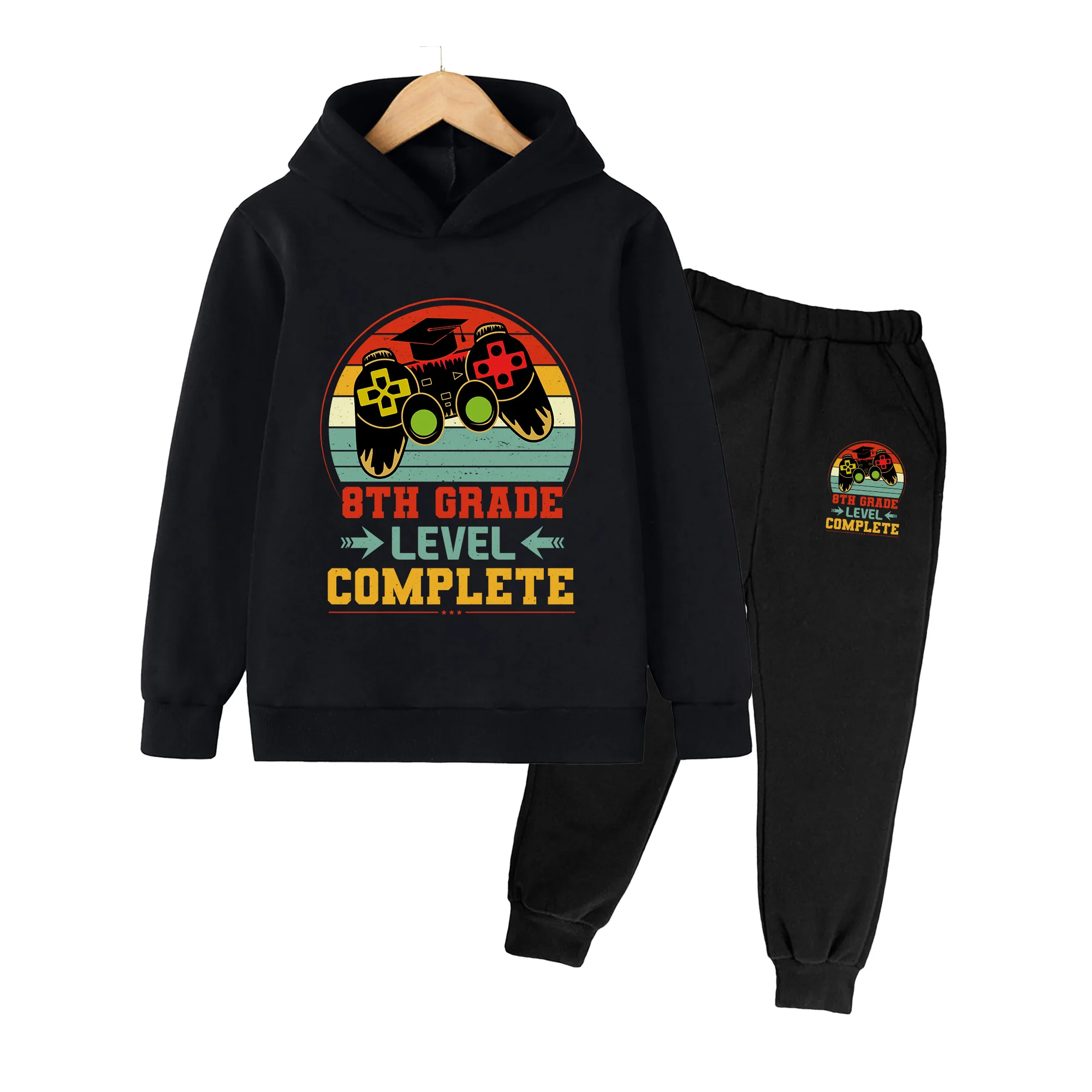 Kids' Graduation Gamepad Print Hoodie & Jogger Set, 8th Grade Level Complete Outfit for Boys Girls