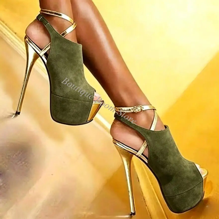 Summer Red Navy Blue Suede Gold Strap Platform Sandals Super High Heels  Ankle Strap Peep Toe Stage Performance Woman Shoes view 6