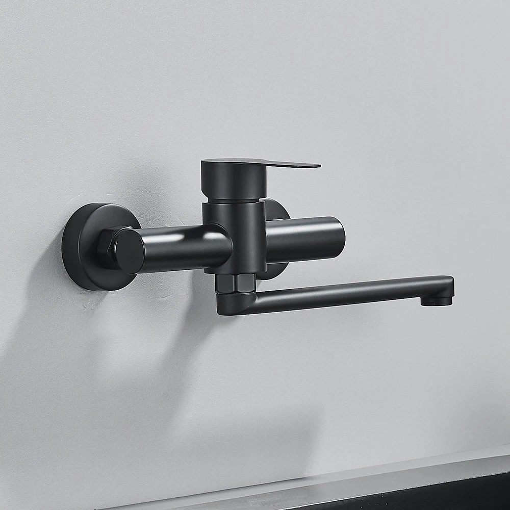 Black Wall Mounted Kitchen Faucet 360 Rotating Spout Single Handle Bathroom Kitchen Mixer Tap Brushed Nickel Hot Cold Tap