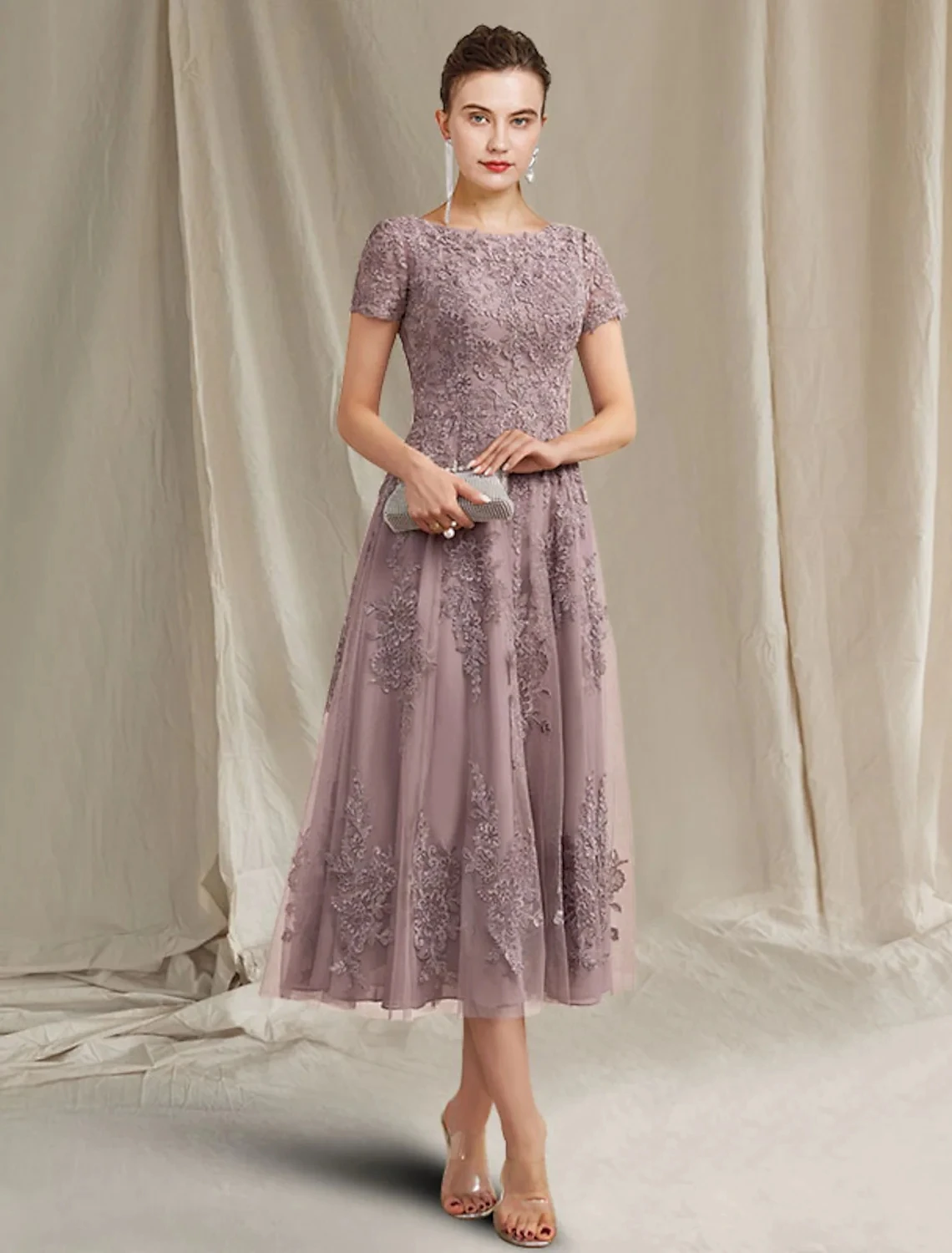 

A-Line Mother of the Bride Dress 2023 Elegant Jewel Neck Tea Length Lace Tulle Short Sleeve Appliques Party Gowns Robe De Soiree