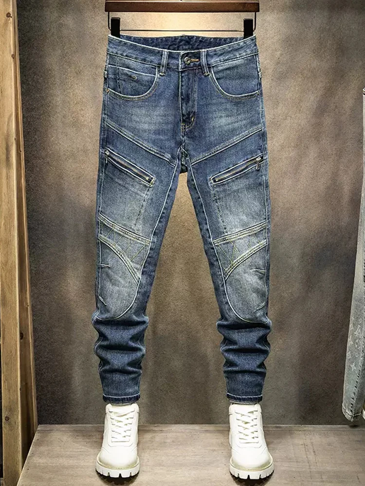 High Street Fashion Men Jeans Retro Blue Spliced Designer Elastic Skinny Biker Jeans Men Patched Hip Hop Denim Pencil Pants Men