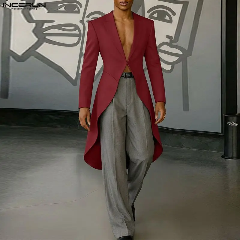 

Мужской пиджак INCERUN с асимметричным кроем, однотонный, с V-образным вырезом, длинными рукавами, уличный стиль, модный повседневный удлиненный пиджак 2026 года, размеры S-3XL