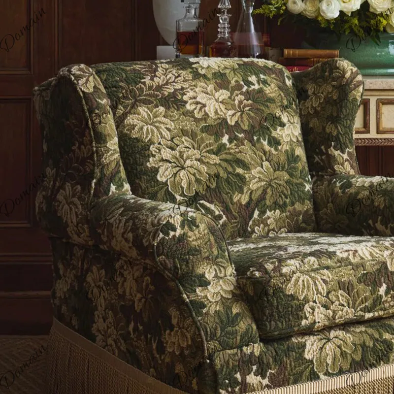 French solid wood sofa, living room high-end single sofa, American retro bedroom fringed casual edge chair