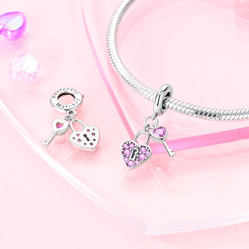 925 Sterling Silver Charms Bead CZ Zircon Pink Key and Lock Dangle Fit Original Bracelet DIY Women Jewelry Gift