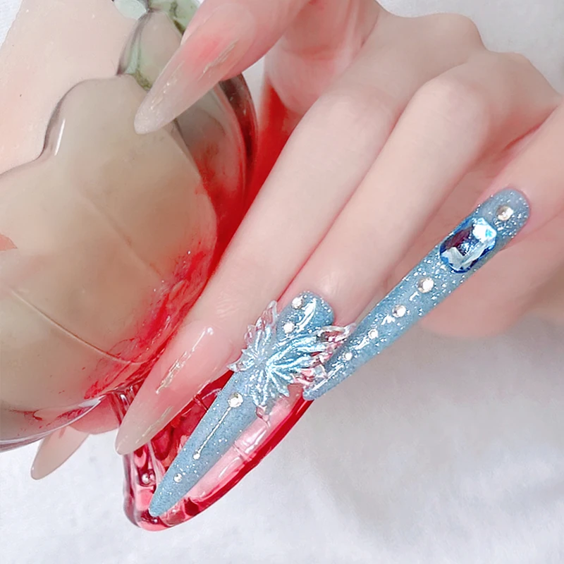 14개(긴 것 4개+짧은 것 10개) 수제 블루 크리스탈 리티니 네일 세트 행사용 반짝이고 몽환적인(인기 있는 키트보다 우수함) 인기 있는 키트