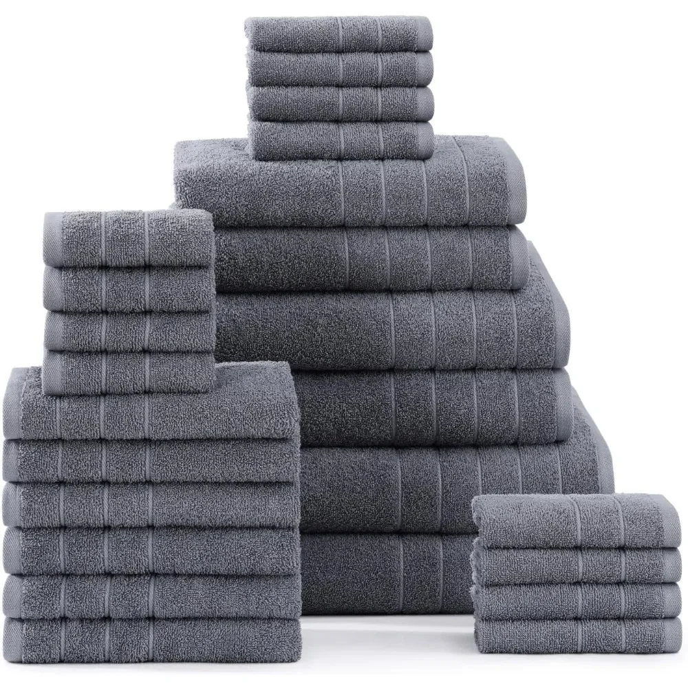 

24 Piece 100% Cotton Towels Set,2 Large Bath Towel,2 Gym Towels, 6 Hand Towel,8 Washcloths&4 Fingertip Towels,Soft Set Cool Grey