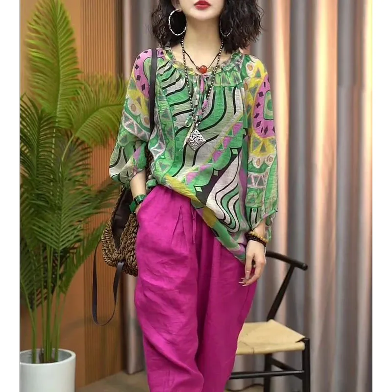 2024 Summer New Pullovers Elegant Vintage Loose Folk Tribal Crew Neck Printed Three Quarter Commuter Tie Up with Chiffon Tops