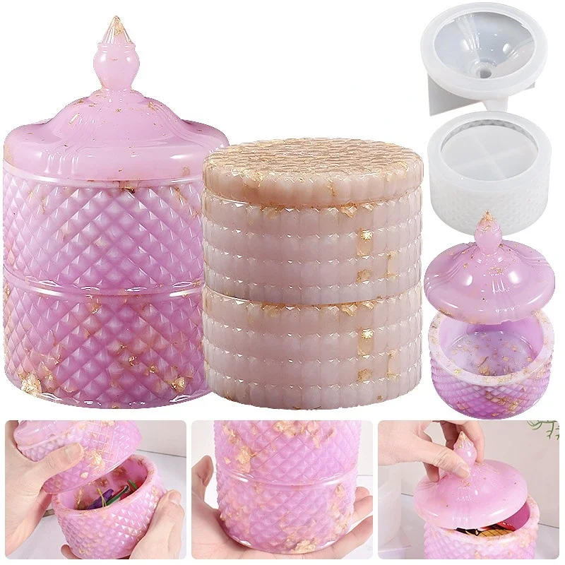 Drip Diy Resin Plaster Jewelry Box Mould Round Diamond Checkered Roman Stacking Storage Box Silicone Mold