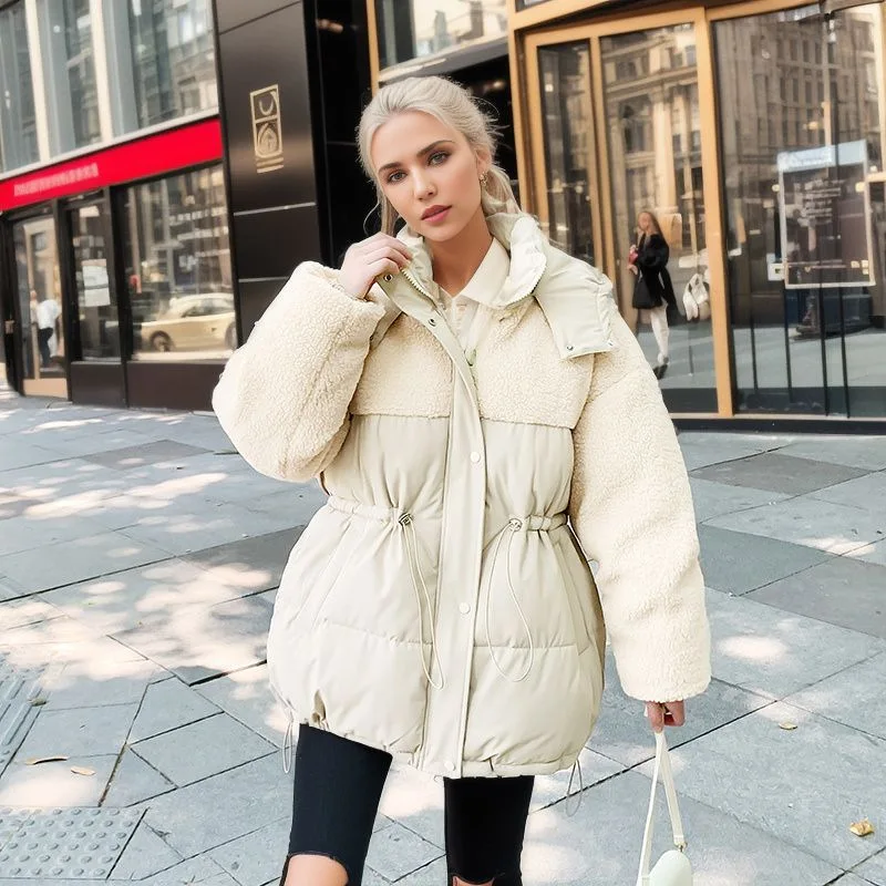 Women\'s Zipper Loose Fashion Cotton Coat Autumn Winter Women\'s Hooded Parkas new Solid Color Drawstring Button Jacket