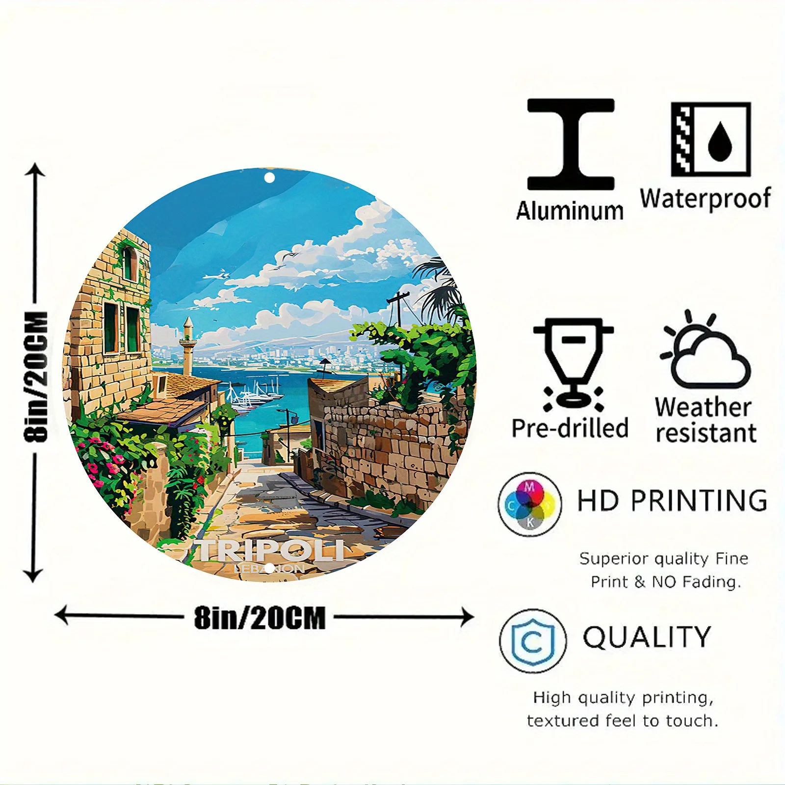 Tripoli Lebanon Circular Aluminum Art Sign - 1pc Weatherproof Metal Wall Decor with HD Printing, Pre-drilled, UV & Scratch Resis