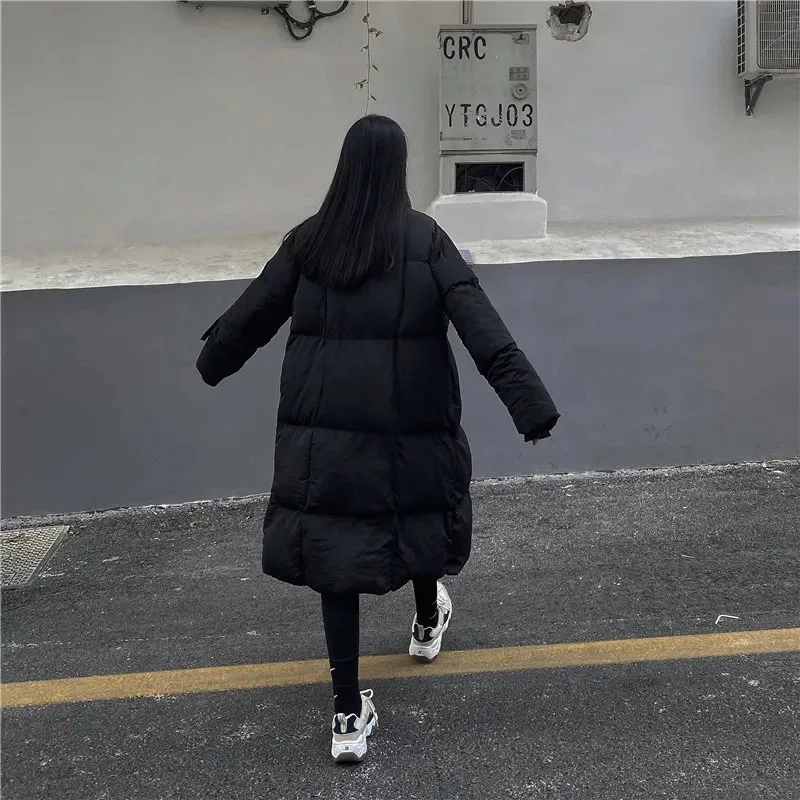 2024 Winter New Down Cotton-Padded Jacket Black Loose Jackets Women\'s Mid-Length Over The Knee Paddeds Jackets Simple Commute