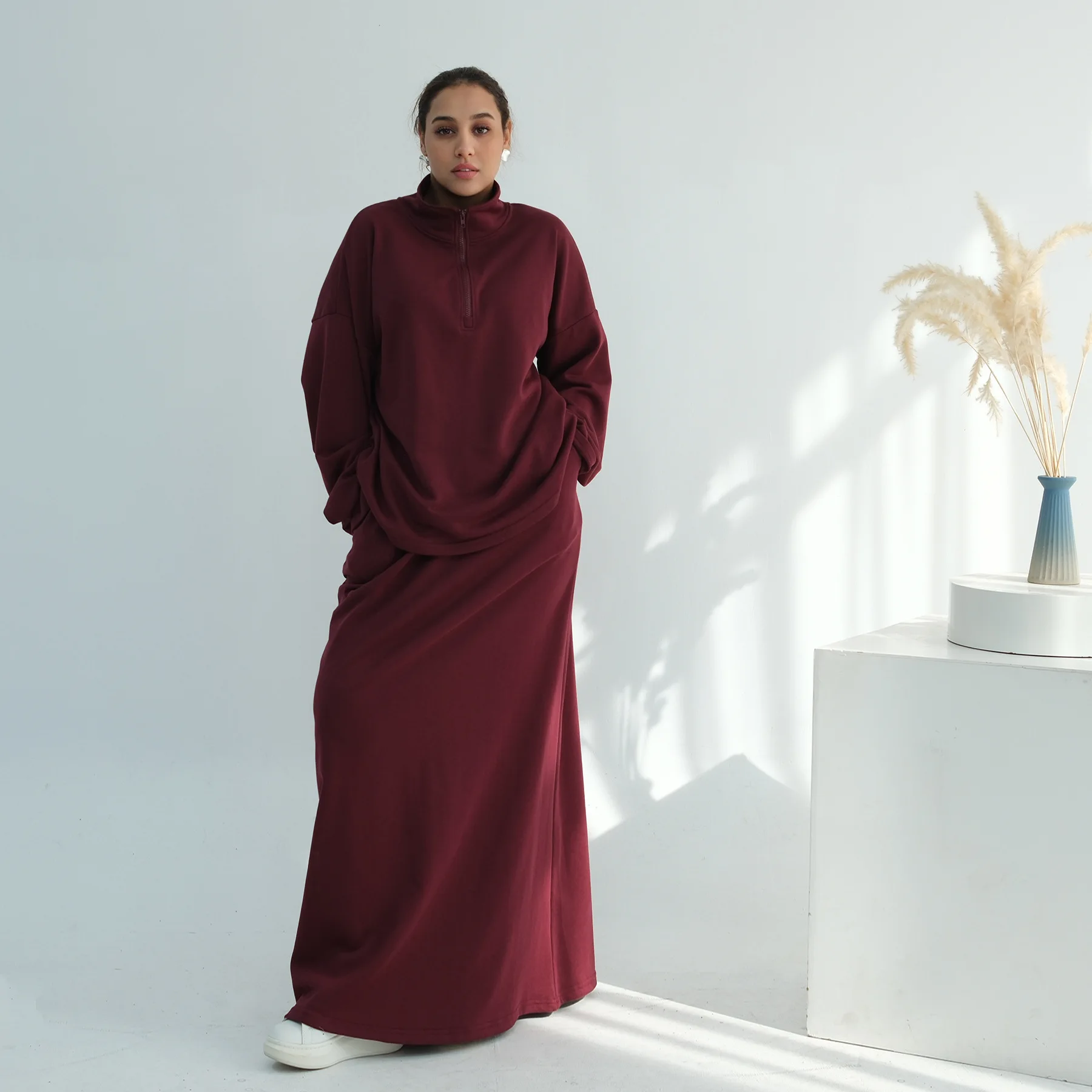 

Мусульманские комплекты Ид Рамадан для женщин, топы на молнии из 2 предметов, юбка, Дубай, Абая, исламская одежда, спортивный костюм, ансамбли Femme Musulmane