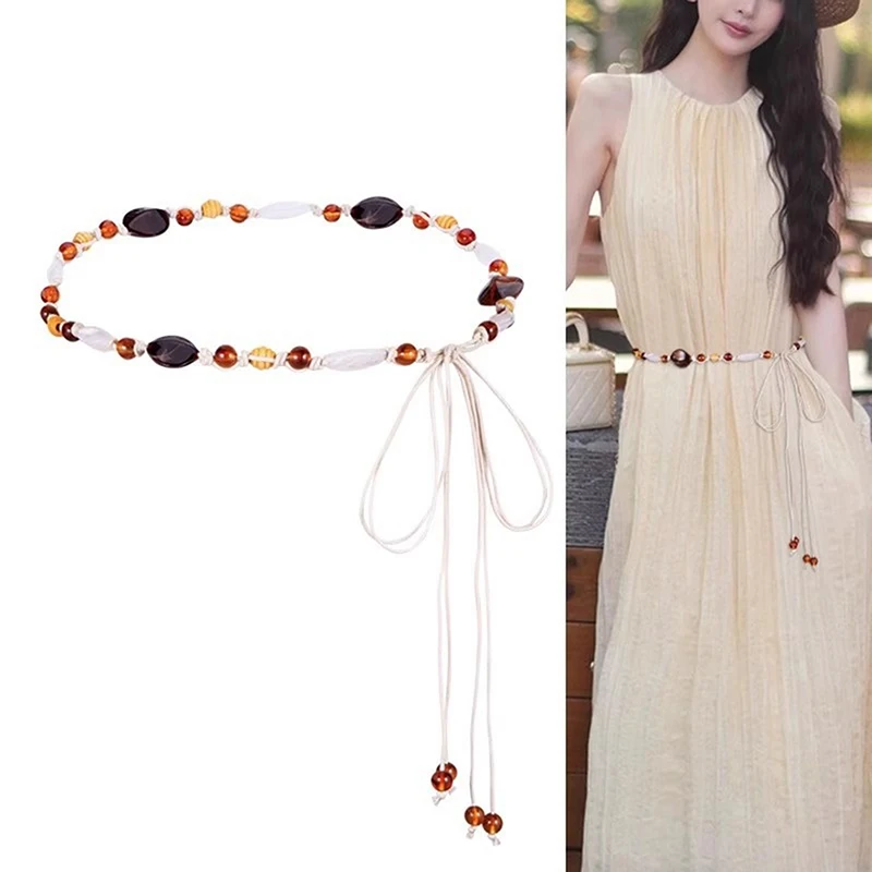 

Blue Brown Bead Thin Waist Belt For Women Bohemian Ethnic Style Woven Waistband Ropes Dress Decorative Straps Summer Accessory